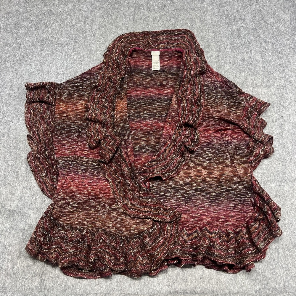 Chico's Marled Burgundy Multi-Color Ruffled Open Cardigan